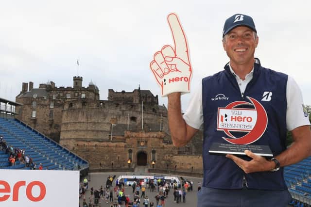 Matt Kuchar celebrates after receiving the Hero Challemge trophy at Edinburgh Castle. Picture: Getty Images