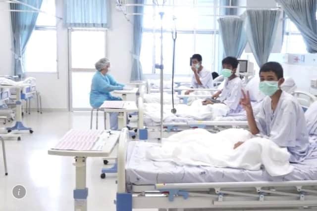 Three of the 12 boys are seen recovering in their hospital beds after being rescued along with their coach from a flooded cave in Mae Sai, Chiang Rai province, northern Thailand. Picture: Thailand Government Spokesman Bureau via AP