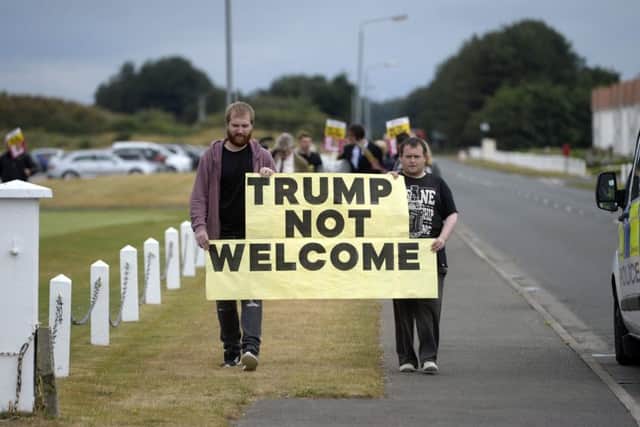 Demonstration by members of Stand up to Racism Glasgow at Trump Turnberry Hotel ahead of the US President's visit to the UK. Picture: SWNS