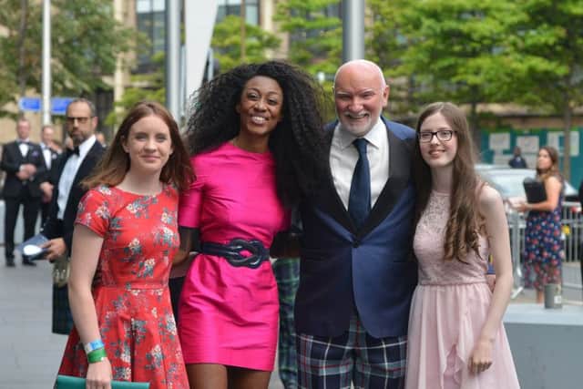 Singer Beverley Knight with Sir Tom Hunter and competition winners Melissa Croft and Cerys Gough. Picture: Jon Savage