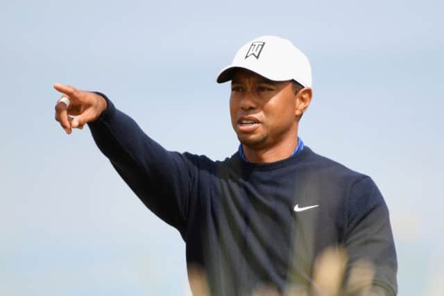 Tiger Woods gestures during a practice round at Carnoustie. Picture: Harry How/Getty Images