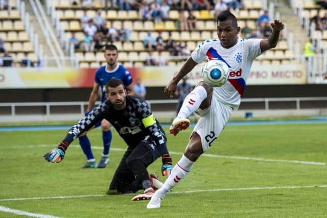 Alfredo Moreloes tries to keep the ball in play during Rangers' 0-0 draw in Macedonia. Picture: SNS
