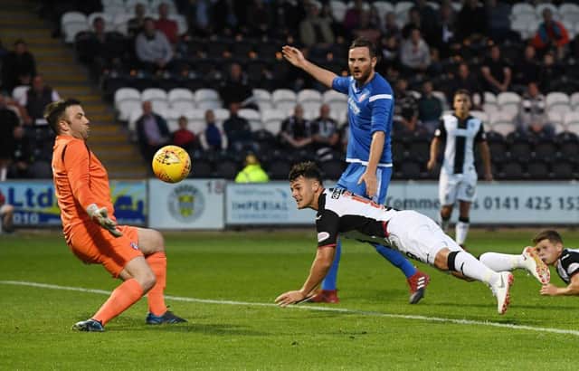 St Mirren's Danny Mullen has a last-minute effort saved by Blair Carswell. Picture: SNS