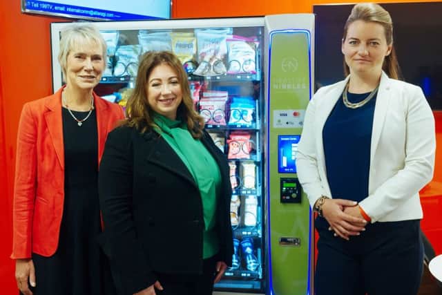 L to R: Former health minister Virginia Bottomley, Healthy Nibbles founder Sara Roberts and Addie Pinkster of Adelpha Group. Picture: contributed.