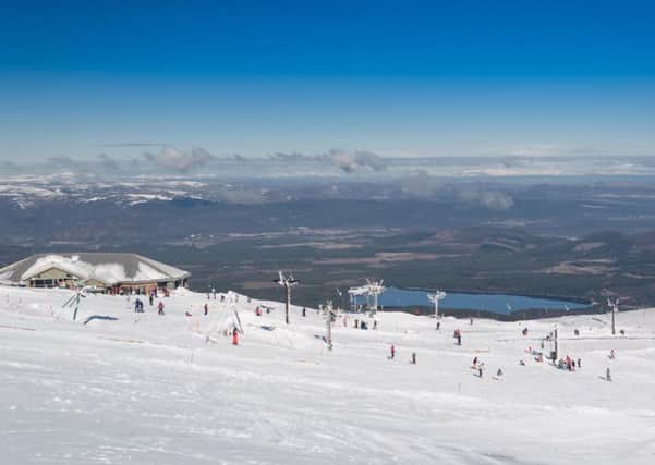 The Ptarmigan Bowl at CairnGorm Mountain ski resort, with Loch Morlich in the distance