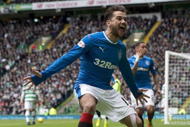 Rangers' Harry Forrester celebrates after team-mate Clint Hill scores his side's equalising goal against Celtic in March 2017. Picture: Craig Foy/SNS