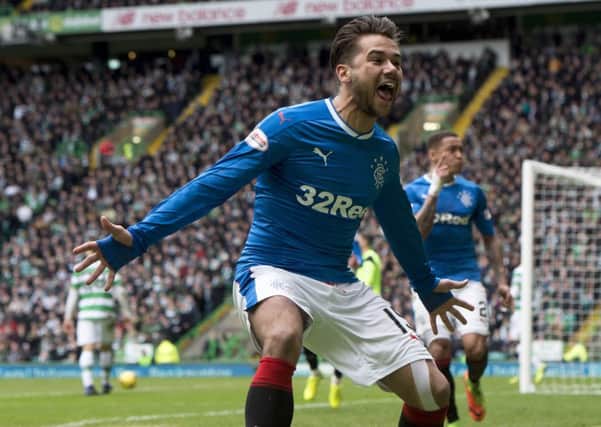 Rangers' Harry Forrester celebrates after team-mate Clint Hill scores his side's equalising goal against Celtic in March 2017. Picture: Craig Foy/SNS