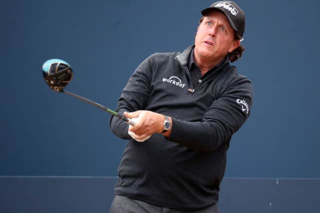 Phil Mickelson tees off on the 1st during a practice round at Carnoustie. Picture: Jane Barlow/PA