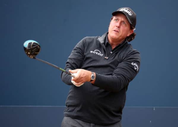 Phil Mickelson tees off on the 1st during a practice round at Carnoustie. Picture: Jane Barlow/PA