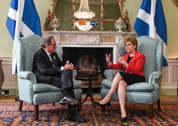 Nicola Sturgeon chats with the Catalan President, Quim Torra, at Bute House (Picture: Getty)