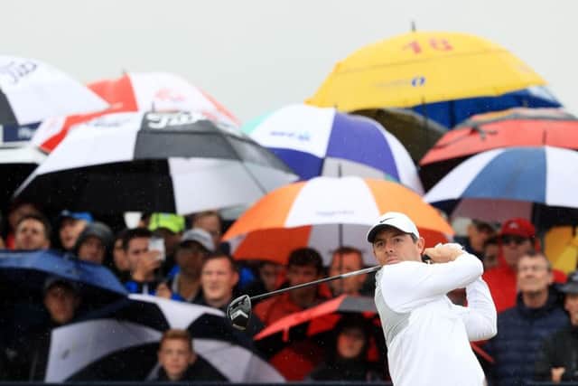 Rory McIlroy tees off from the 18th during the second round of the Open at Carnoustie. Picture: Andrew Redington/Getty Images