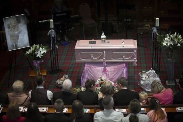 Family and friends gather at  the Coats Funeral Home, in Coatbridge, prior to the funeral of six-year-old Alesha MacPhail, whose body was found on the Isle of Bute earlier this month. Picture; PA