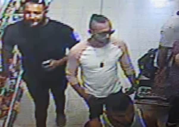 A release by West Mercia Police showing three men, who police are looking for in connection to a suspect acid attack to a three-year-old boy in Home Bargains on Shrub Hill Retail Park, Tallow Hill, Worcester, Saturday 21 July. Picture: PA