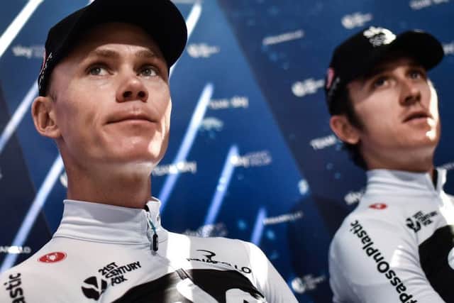 Chris Froome, left, and Geraint Thomas address the media. Picture: Marco Bertorello/AFP/Getty Images