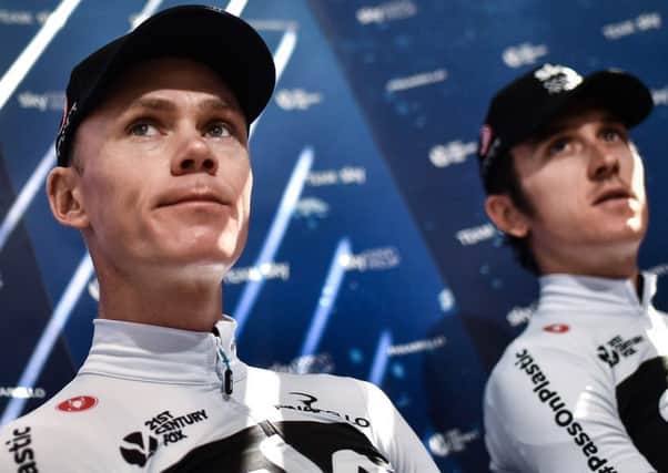 Chris Froome, left, and Geraint Thomas address the media. Picture: Marco Bertorello/AFP/Getty Images