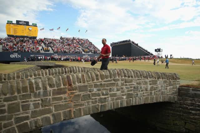 Tiger Woods crosses the bridge on the 18th hole during the final round of the Open at Carnoustie. Picture: Francois Nel/Getty Images
