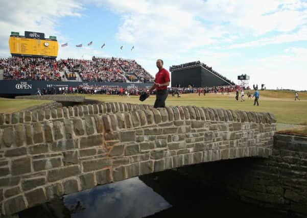 Tiger Woods crosses the bridge on the 18th hole during the final round of the Open at Carnoustie. Picture: Francois Nel/Getty Images