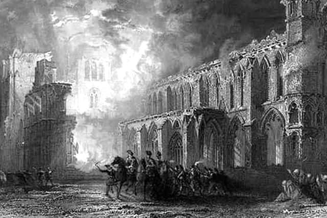 19th Century depiction of the Destruction of Elgin Cathedral, which was set on fire by The Wolf. PIC: Creative Commons.