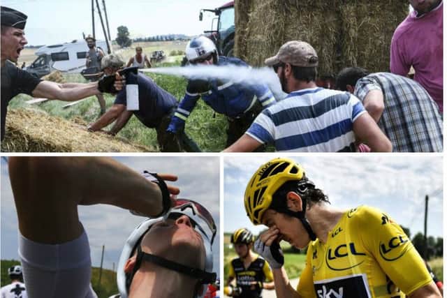 A gendarme uses pepper spray on protesters disrupting the Tour de France as Chris Froome (bottom left) and Geraint Thomas treat their eyes for the effects of the spray. Pictures: AFP/Getty Images