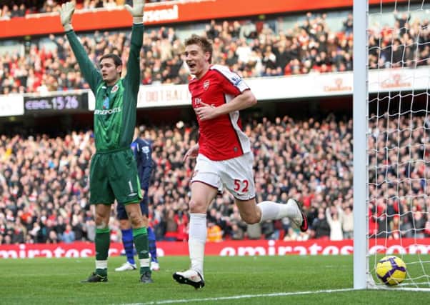 Craig Gordon appeals in vain as Nicklas Bendtner  celebrates scoring for Arsenal against Sunderland at the Emirates in 2010.