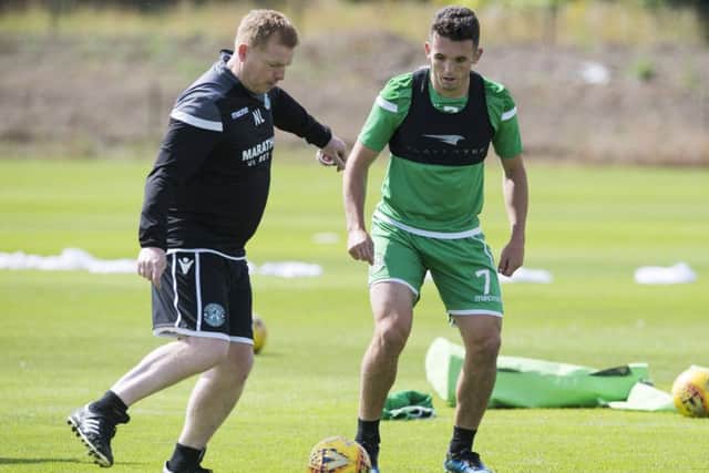 Hibernian manager Neil Lennon in training with John McGinn. Picture: Paul Devlin/SNS