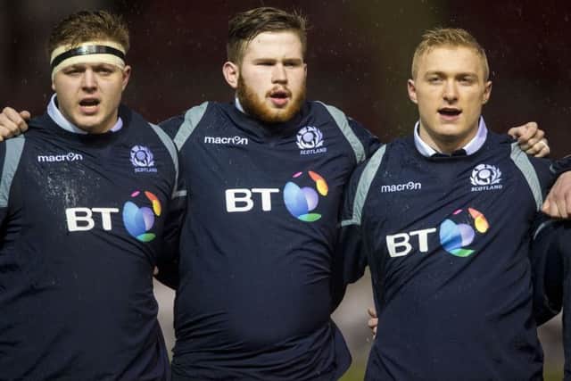 Cameron Hutchison (centre) lines up for Scotland Under-20s in February 2017. Picture: SNS Group