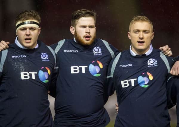Cameron Hutchison (centre) lines up for Scotland Under-20s in February 2017. Picture: SNS Group