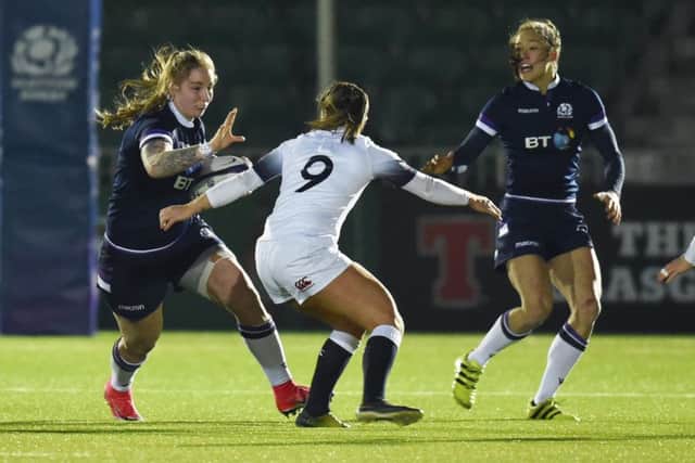 Scotland's Jade Konkel in action against England's Leanne Riley during the Six Nations. Picture: Rob Casey/SNS/SRU
