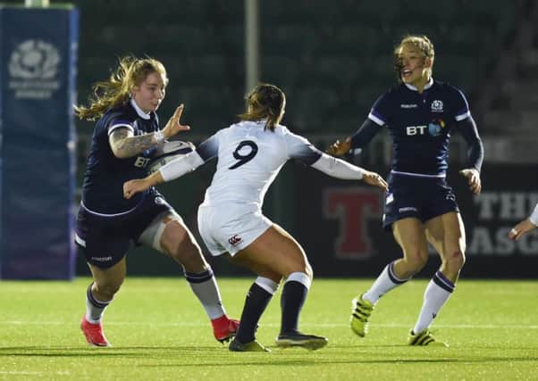 Scotland's Jade Konkel in action against England's Leanne Riley during the Six Nations. Picture: Rob Casey/SNS/SRU