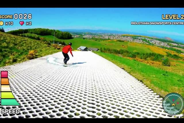 Screenshot from a new film with a retro video-game twist, delivered by VisitScotland, featuring many Midlothian attactions including Midlothian Snowsports Centre..