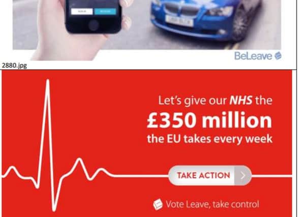 The VoteLeave online ads, targeted at Facebook users. Picture: PA