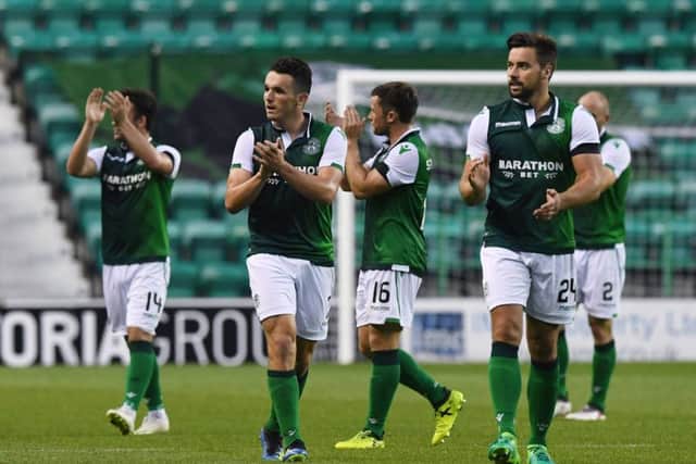 The Hibs players celebrate at full time after beating Asteras Tripolis 3-2. Picture: SNS Group