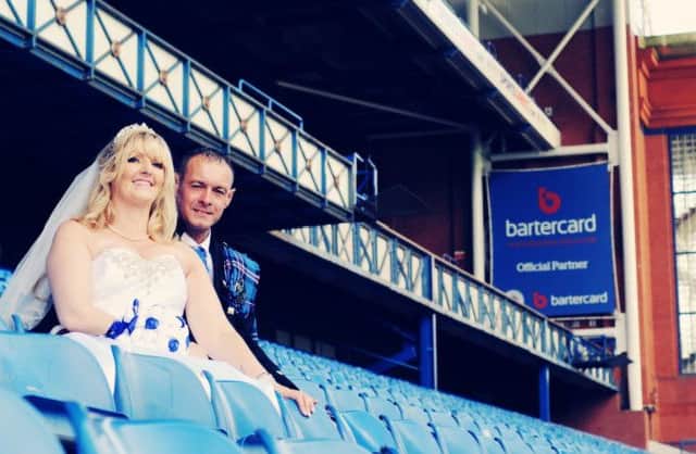 The footie-loving pair, who spent their honeymoon in the Maldives, wed in front of 70 guests in the stadiums Blue Room.  Picture; Centre Press