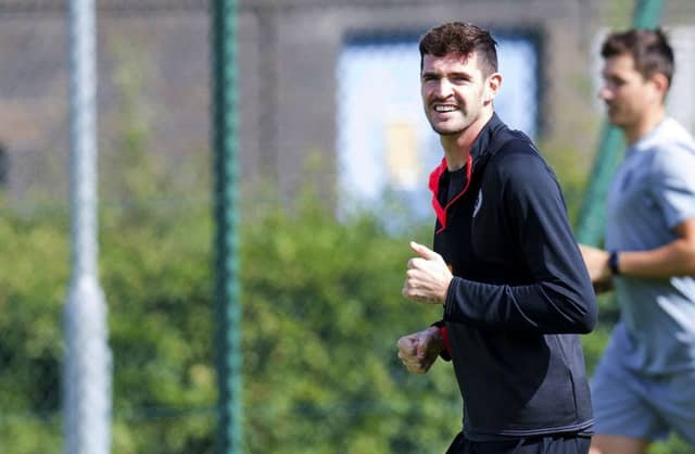 Kyle Lafferty takes part in a Hearts training session at Oriam on Friday. Picture: SNS Group
