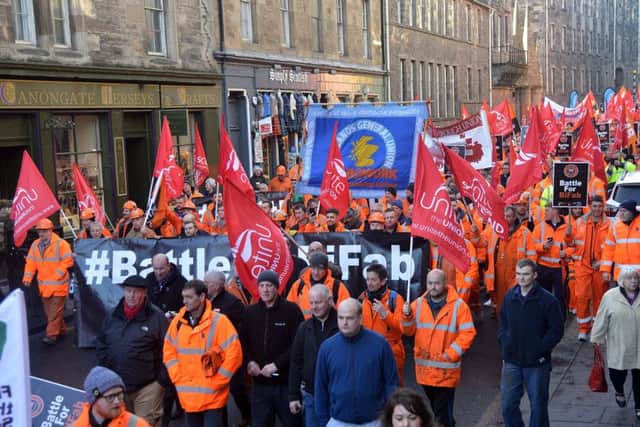 Workers at BiFab marched to the Scottish Parliament to try and save their jobs. Union leaders believe their is an optimistic future for the company after meeting with its new owners. Pic: Jon Savage.