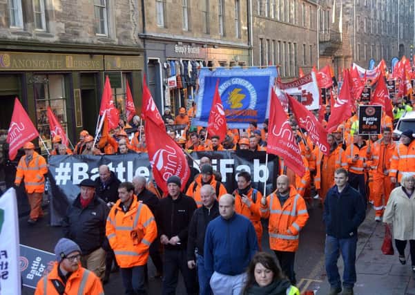 Workers at BiFab marched to the Scottish Parliament to try and save their jobs. Union leaders believe their is an optimistic future for the company after meeting with its new owners. Pic: Jon Savage.
