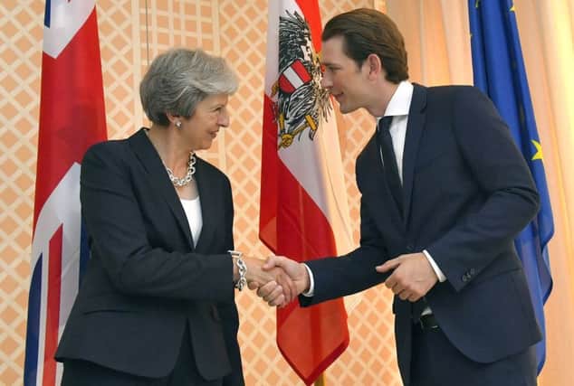 Austrian Chancellor Sebastian Kurz, right, and Britain's Prime Minister Theresa May shake hands prior a meeting in the hotel Sacher in Salzburg, Austria. Picture: AP Photo/Kerstin Joensson