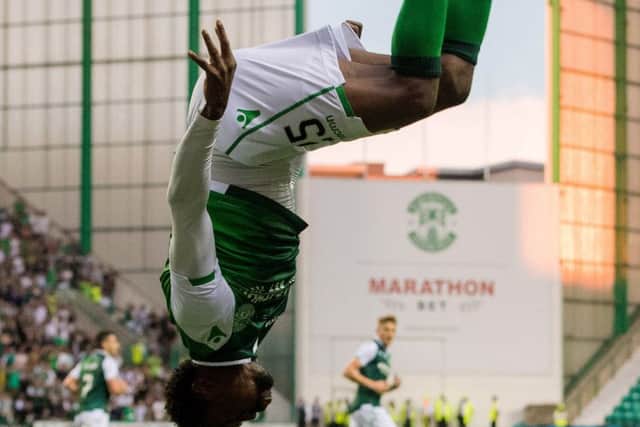 Hibernian's Efe Ambrose celebrates his goal. Pic: SNS/Ross Parker