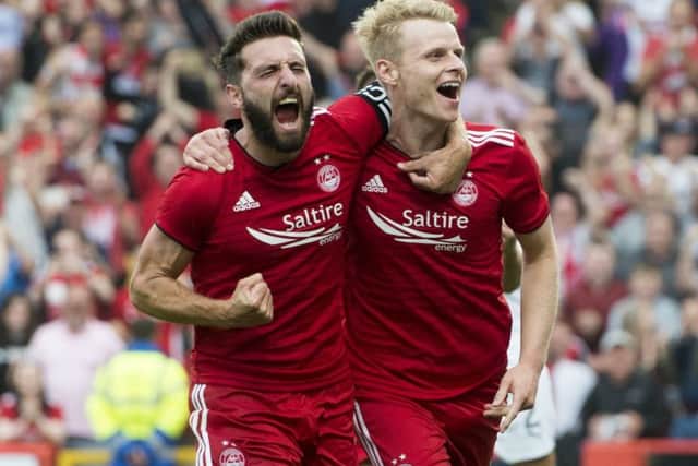 Aberdeen's Gary Mackay-Steven celebrates his opening goal with Graeme Shinnie. Picture: Craig Foy/SNS