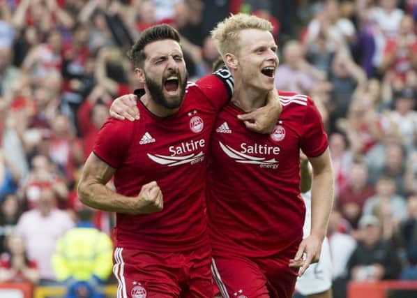 Aberdeen's Gary Mackay-Steven celebrates his opening goal with Graeme Shinnie. Picture: Craig Foy/SNS