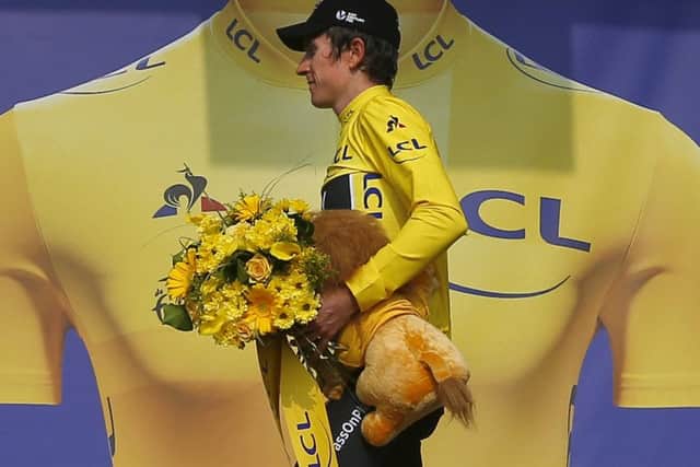 Britain's Geraint Thomas, wearing the overall leader's yellow jersey. Pic: AP Photo/Peter Dejong