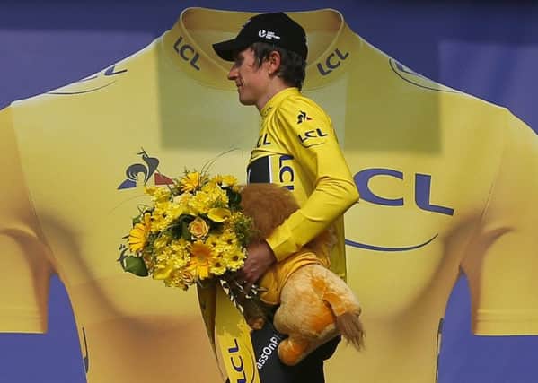Britain's Geraint Thomas, wearing the overall leader's yellow jersey. Pic: AP Photo/Peter Dejong