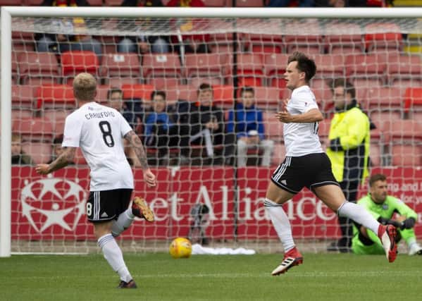 Ayr Uniteds Lawrence Shankland celebrates after scoring. Pic: SNS/Bill Murray