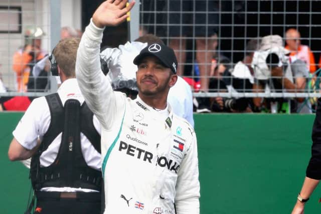 Pole position qualifier Lewis Hamilton celebrates in during qualifying. Pic: Charles Coates/Getty Images