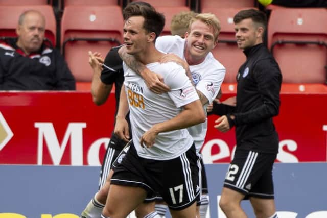 Lawrence Shankland celebrates after scoring again for Ayr. Pic: SNS/Bill Murray