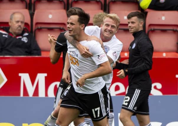 Lawrence Shankland celebrates after scoring again for Ayr. Pic: SNS/Bill Murray