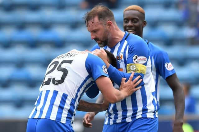 Kilmarnock's Eamonn Brophy celebrates with Kris Boyd. Pic: SNS/Gary Hutchison