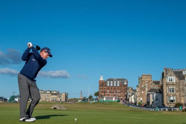 Tom Watson tees off at the 18th during day three of the Senior Open at Old Course St Andrews. Picture: Kenny Smith/PA