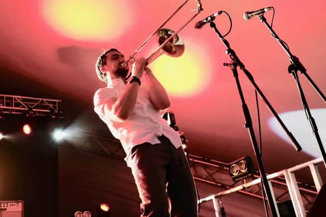 Trombonist Spencer from the Neville Staples Band at ButeFest 2018. Photo by Iain Cochrane.