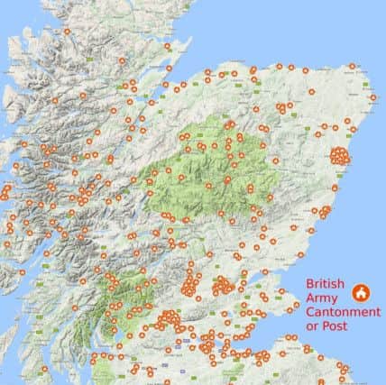 Section of map produced by Stennis Historical Society showing British Army camps across Scotland from 1746. The map also shows a camp in Orkney. PIC: Stennis Historical Society.